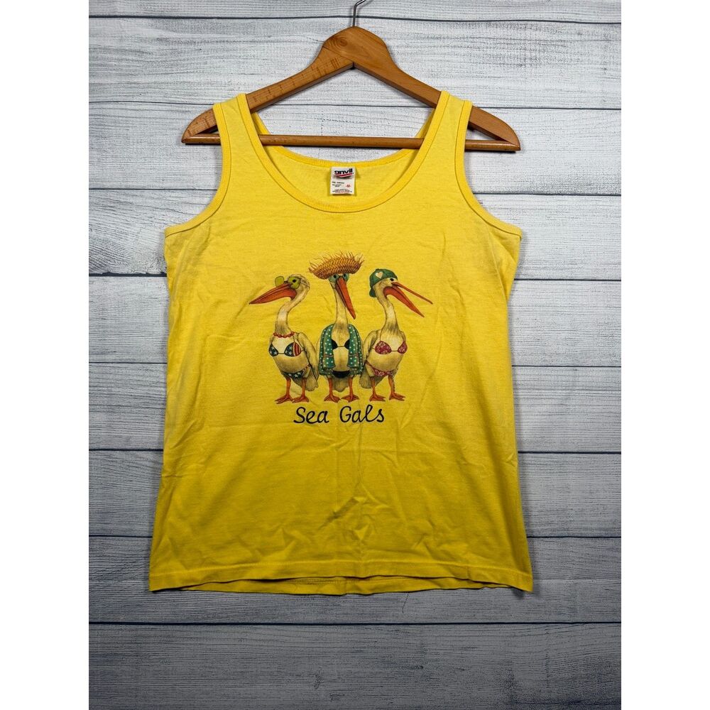 Vintage Anvil Women's M Yellow Sea Gals Pelican Beach Graphic Tank Top 1221